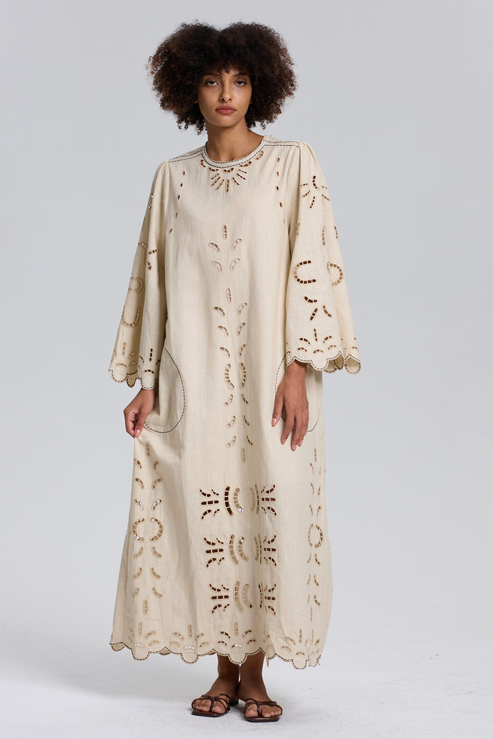 Una Flax Hollow Embroidery Maxi Dress