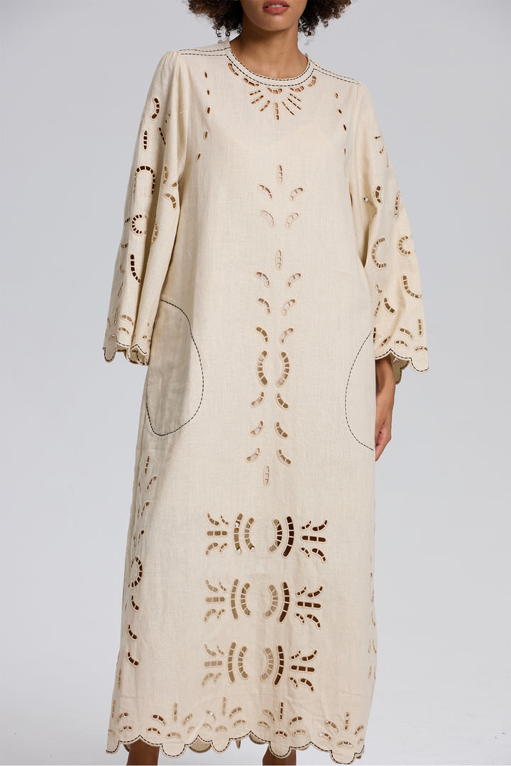 Una Flax Hollow Embroidery Maxi Dress