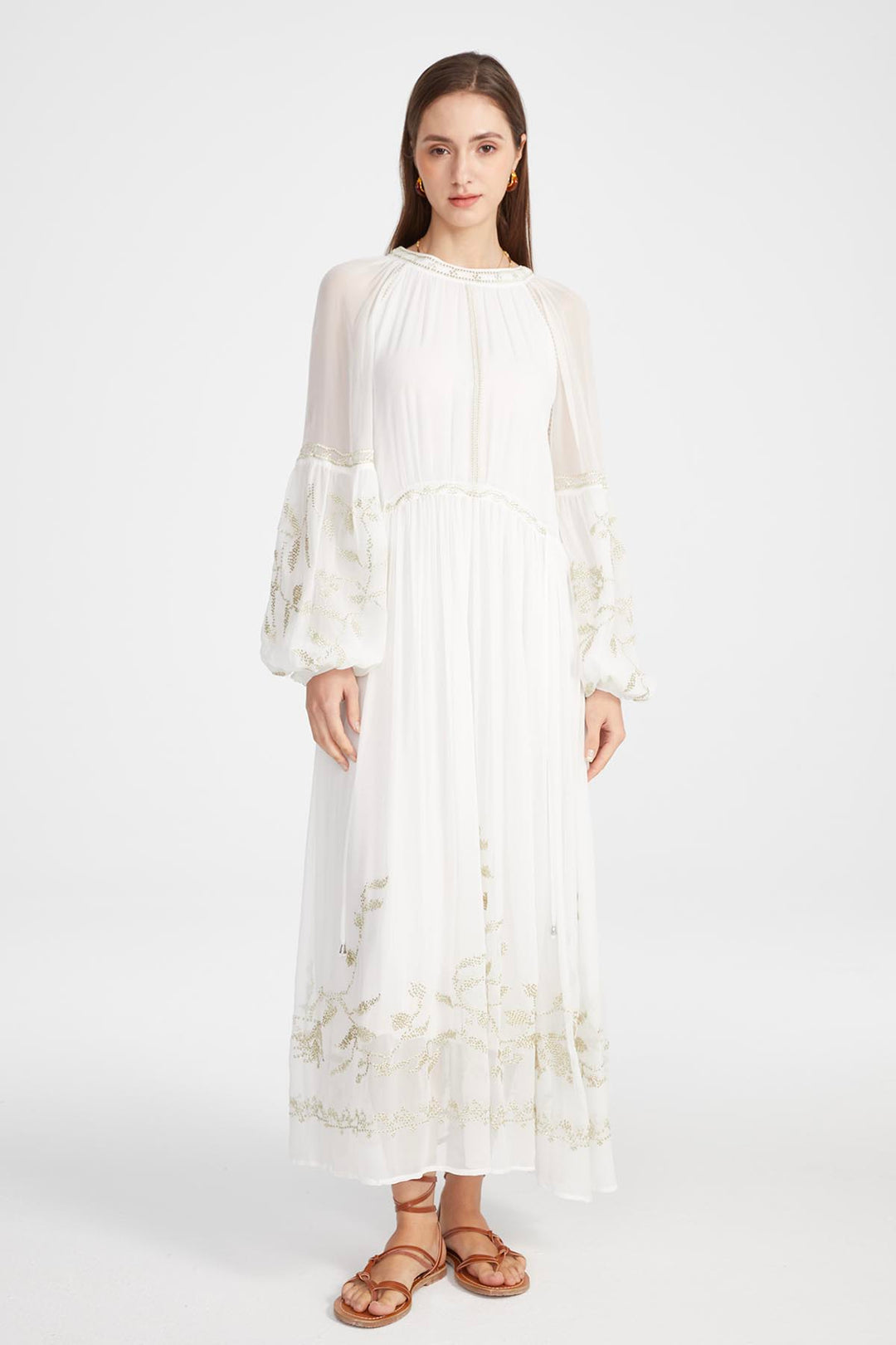 Isabel Silk Embroidered Dress in White