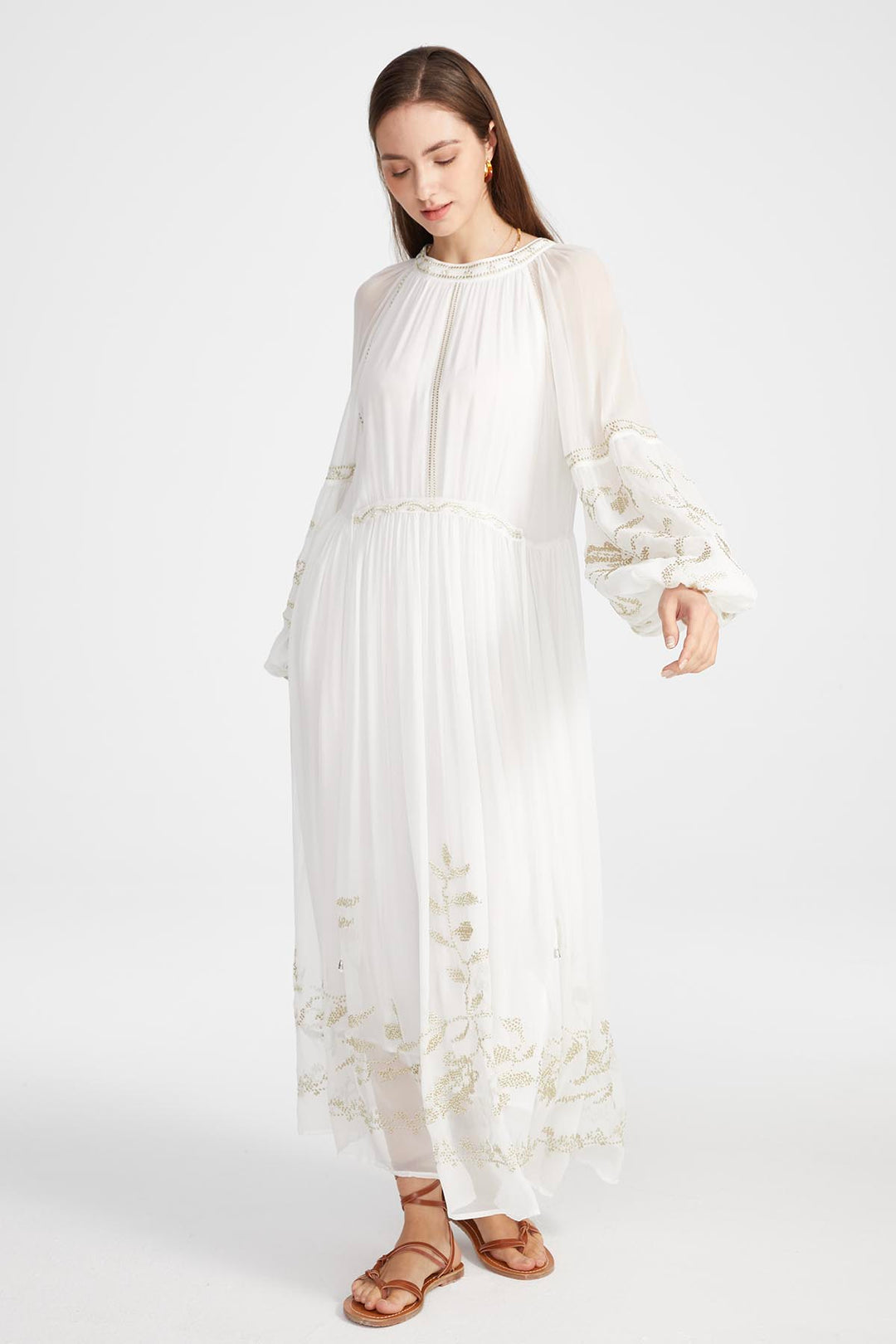 Isabel Silk Embroidered Dress in White