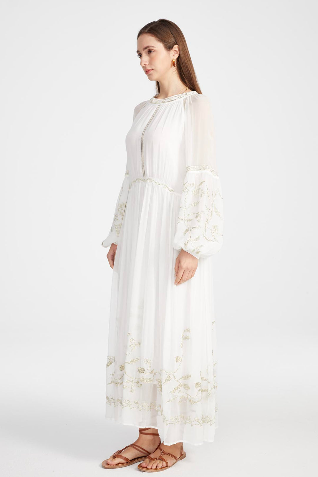 Isabel Silk Embroidered Dress in White