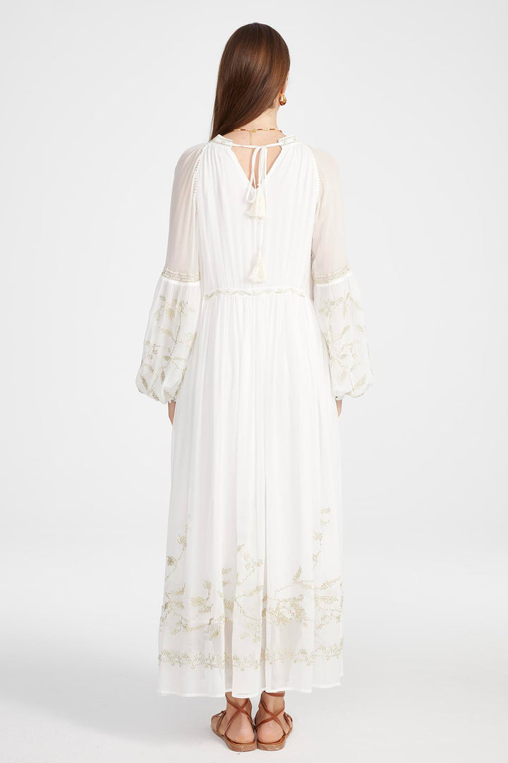 Isabel Silk Embroidered Dress in White