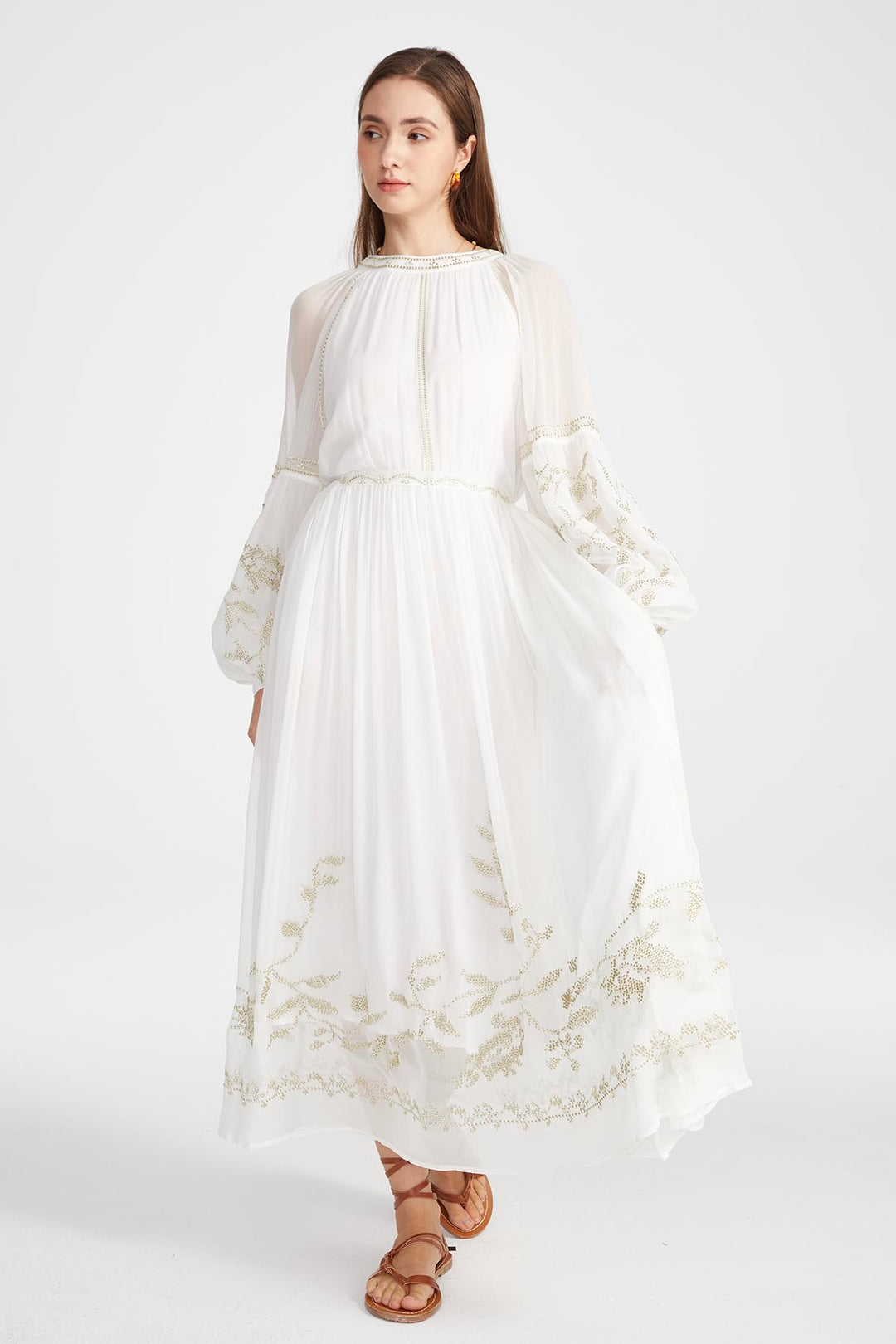 Isabel Silk Embroidered Dress in White