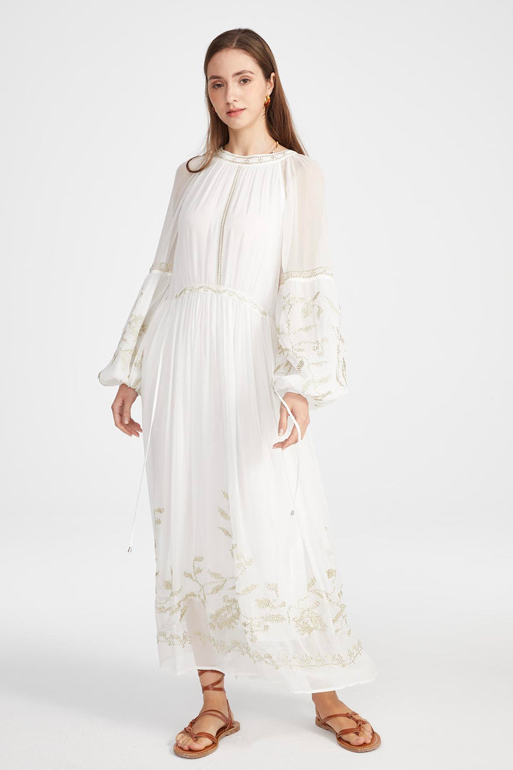 Isabel Silk Embroidered Dress in White