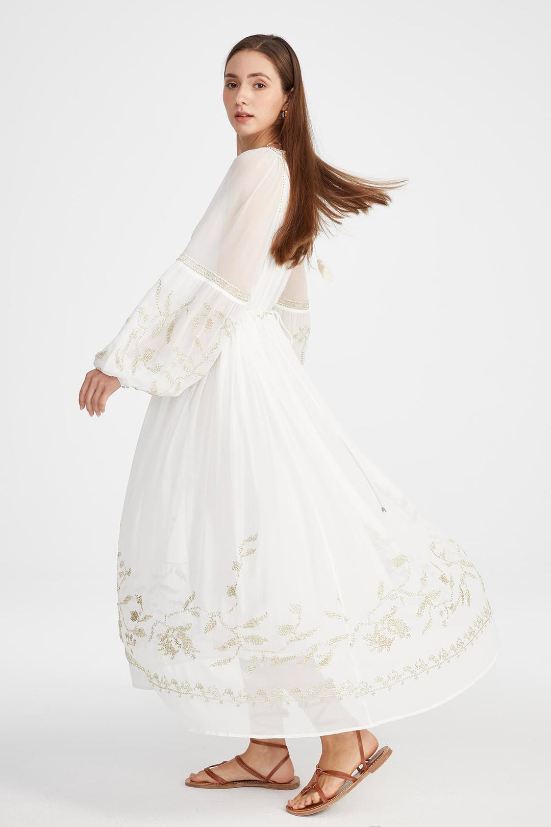 Isabel Silk Embroidered Dress in White