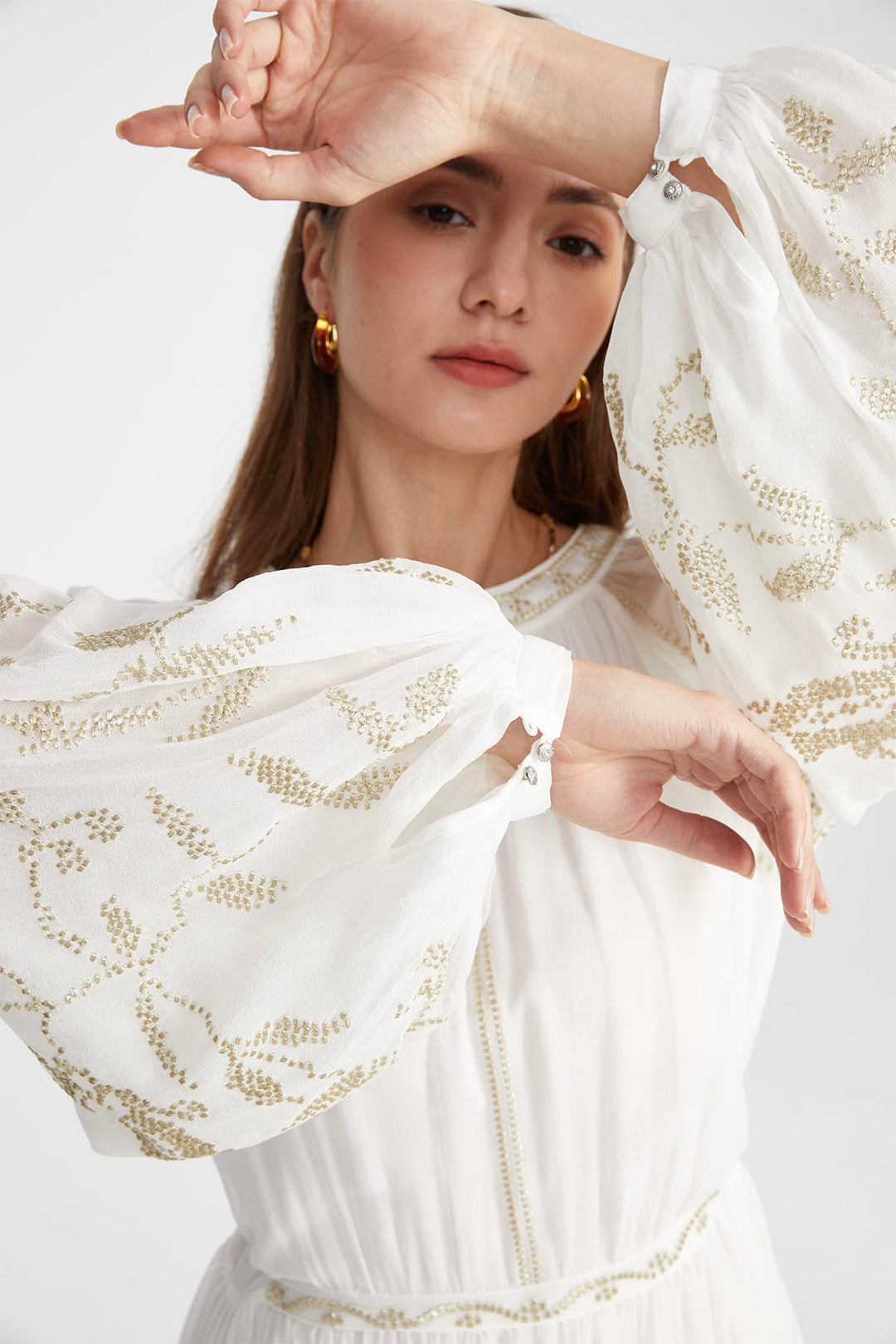 Isabel Silk Embroidered Dress in White