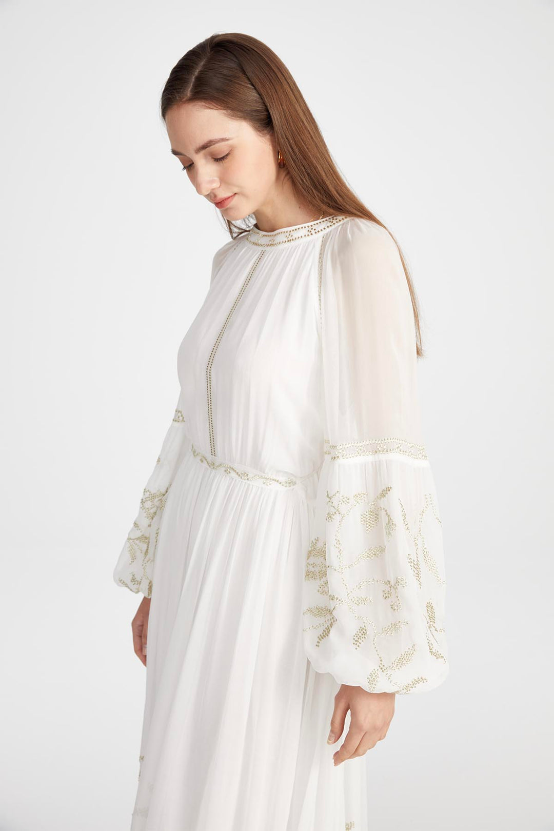 Isabel Silk Embroidered Dress in White