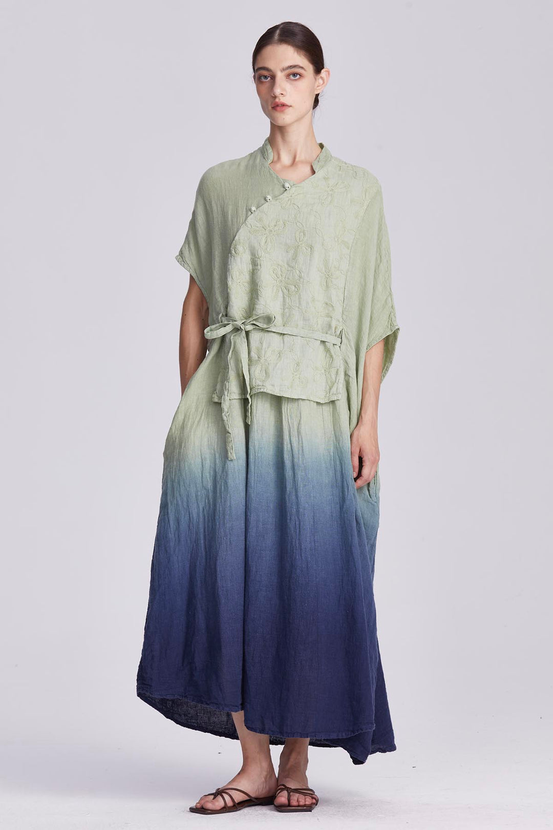 Liora Embroidered Linen Wrap Dress