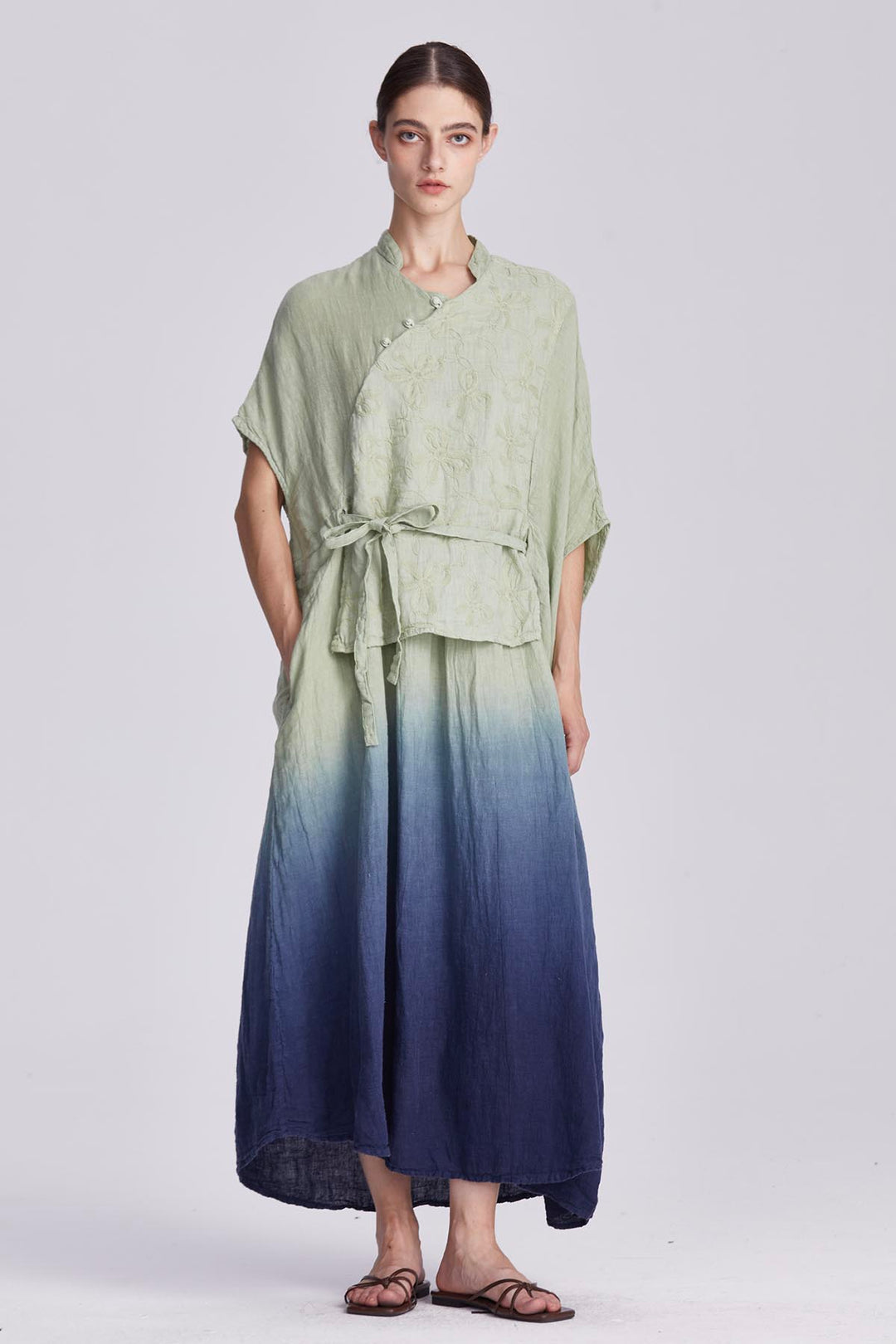 Liora Embroidered Linen Wrap Dress