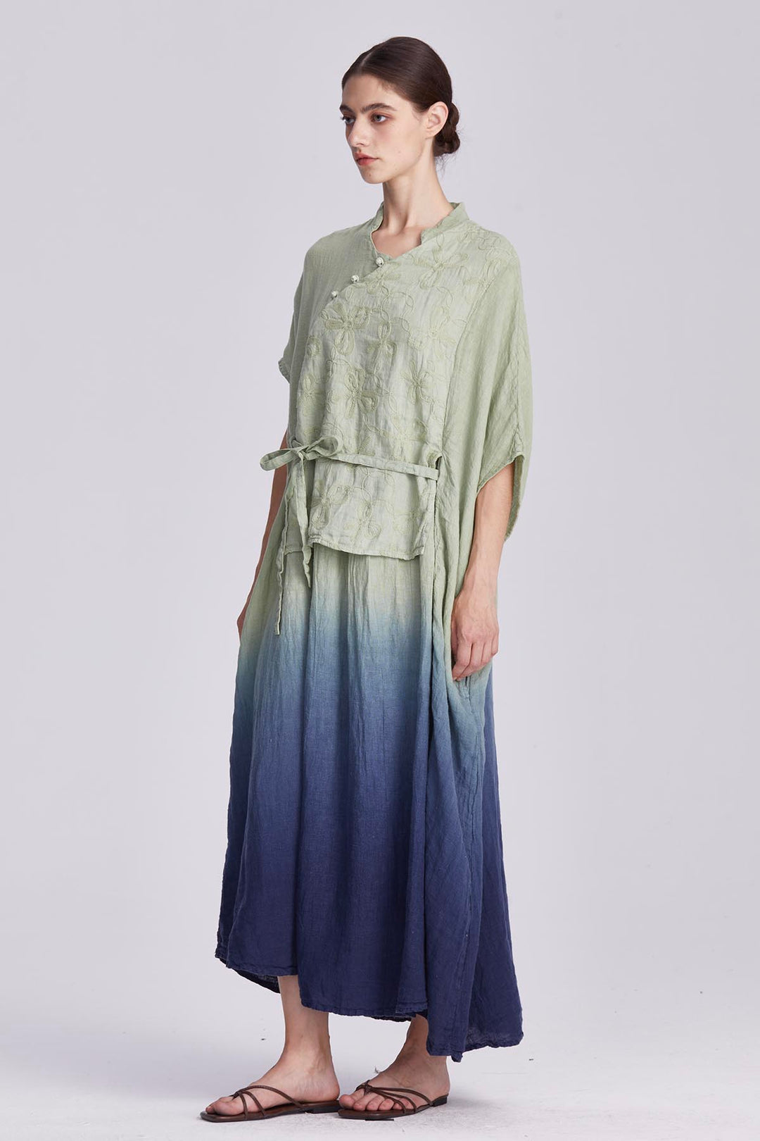 Liora Embroidered Linen Wrap Dress