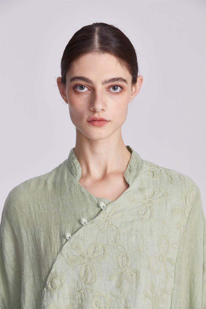 Liora Embroidered Linen Wrap Dress