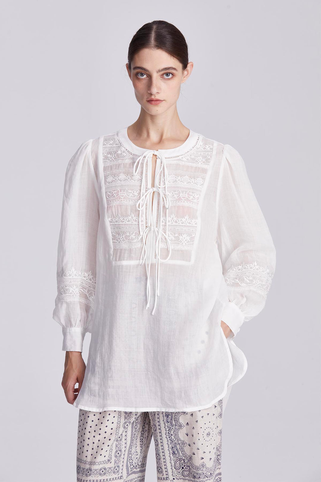 Elodie Embroidered Tie-Front Blouse