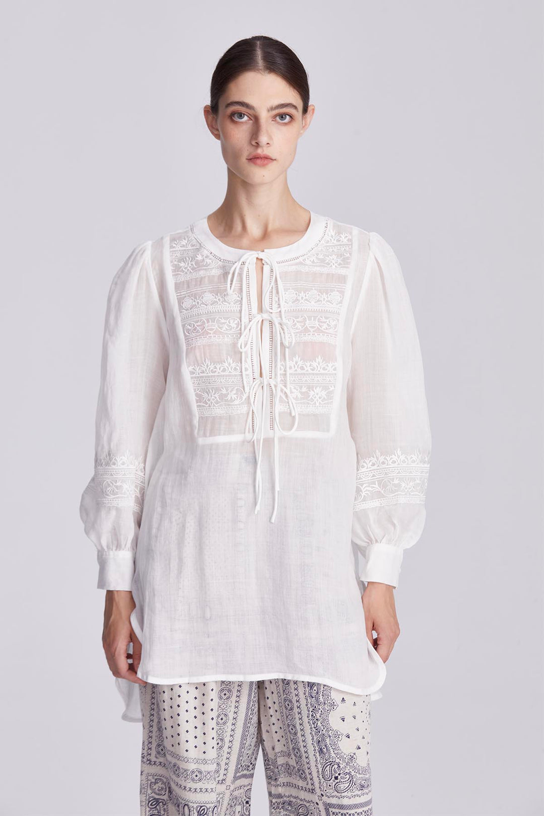 Elodie Embroidered Tie-Front Blouse