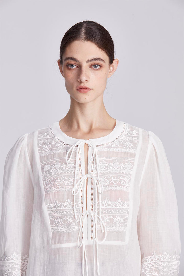 Elodie Embroidered Tie-Front Blouse