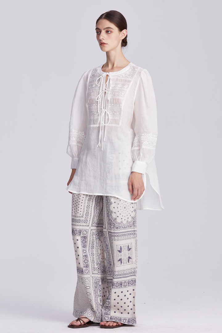 Elodie Embroidered Tie-Front Blouse