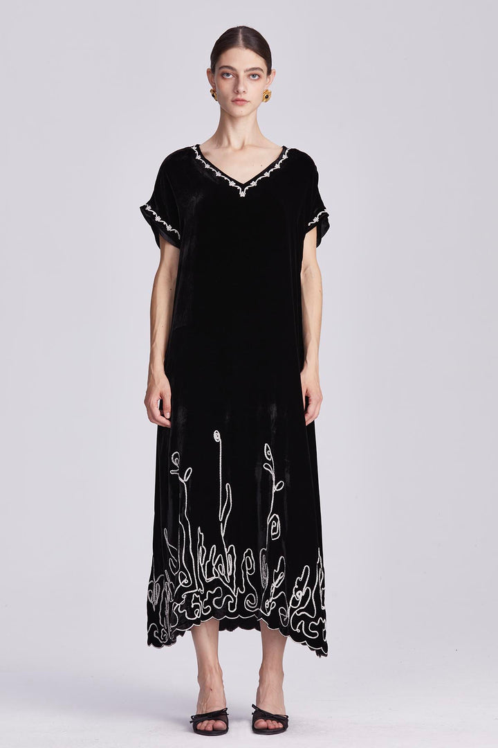 Theodora Embroidered Silk Velvet Dress