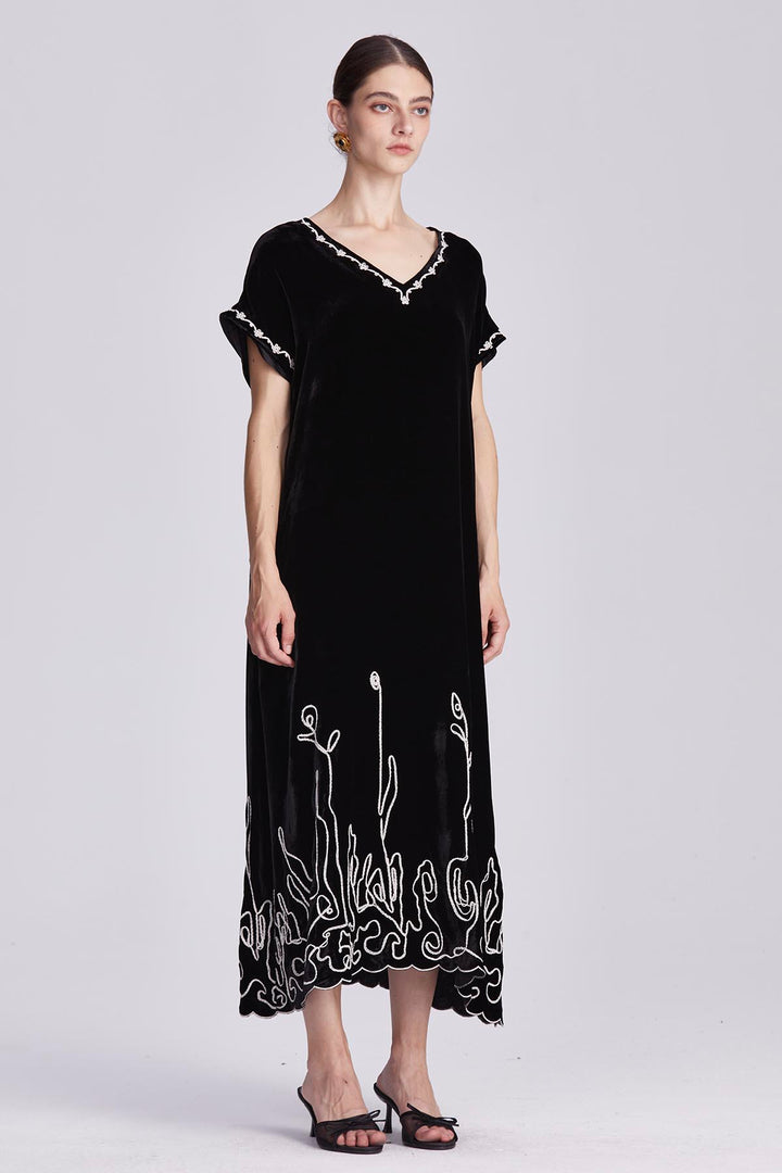 Theodora Embroidered Silk Velvet Dress