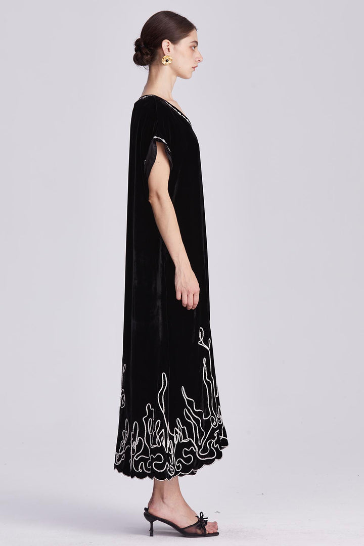Theodora Embroidered Silk Velvet Dress