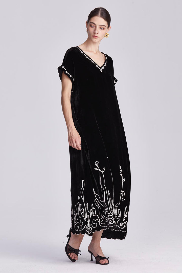 Theodora Embroidered Silk Velvet Dress