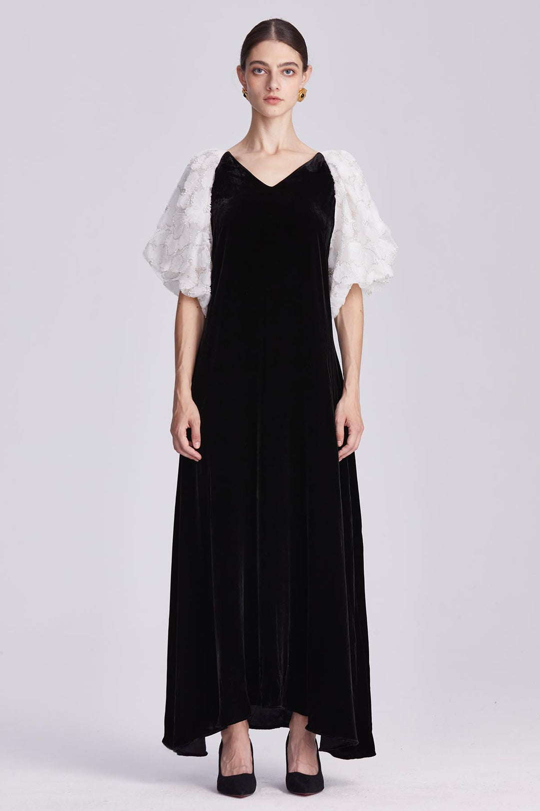 Odette Black Silk Velvet Dress with Embellished Sleeves