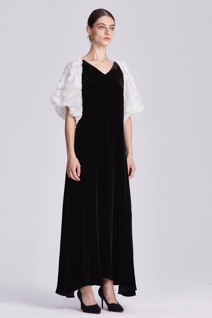 Odette Black Silk Velvet Dress with Embellished Sleeves