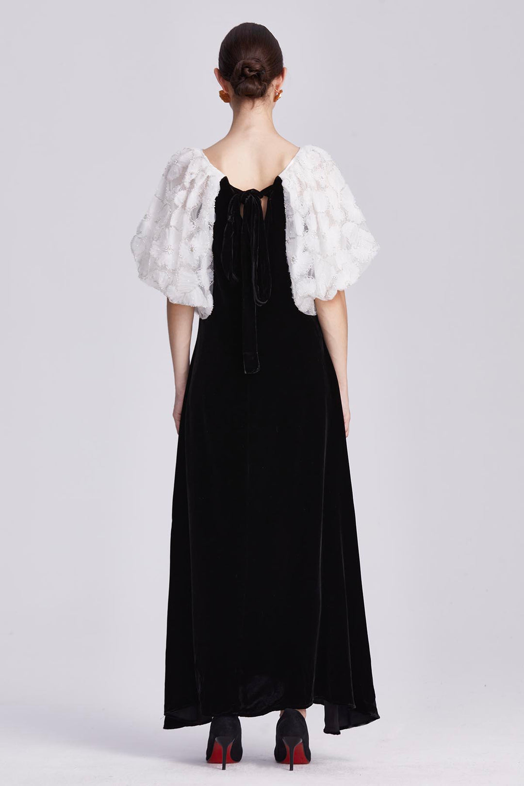 Odette Black Silk Velvet Dress with Embellished Sleeves