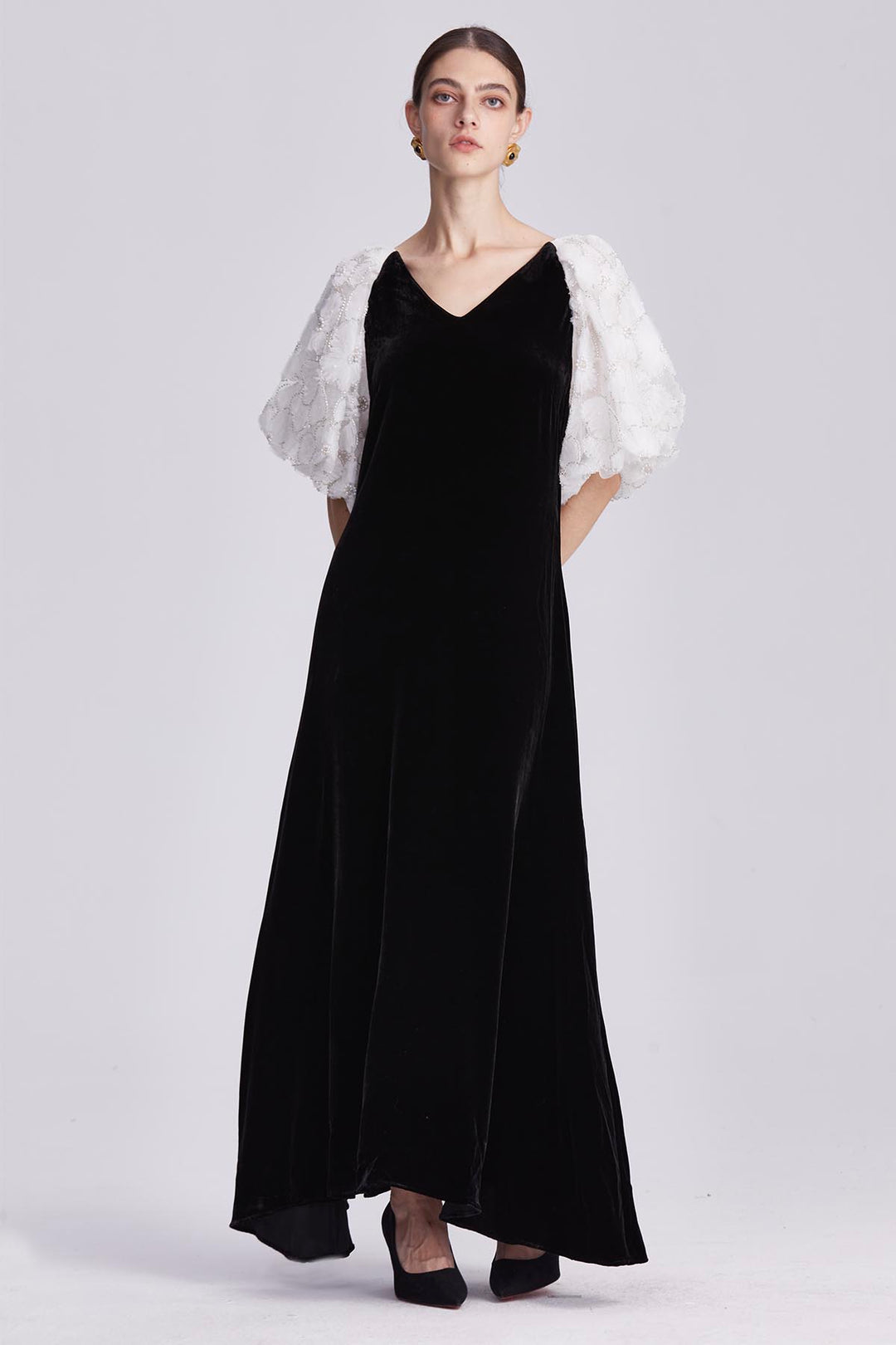 Odette Black Silk Velvet Dress with Embellished Sleeves