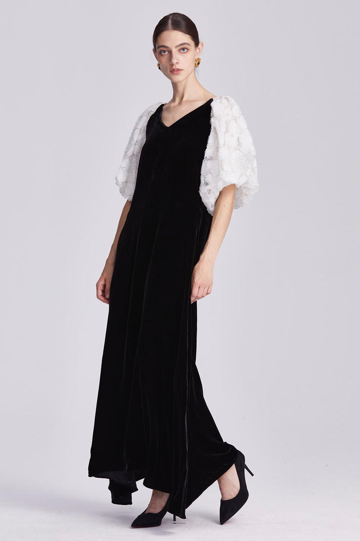 Odette Black Silk Velvet Dress with Embellished Sleeves