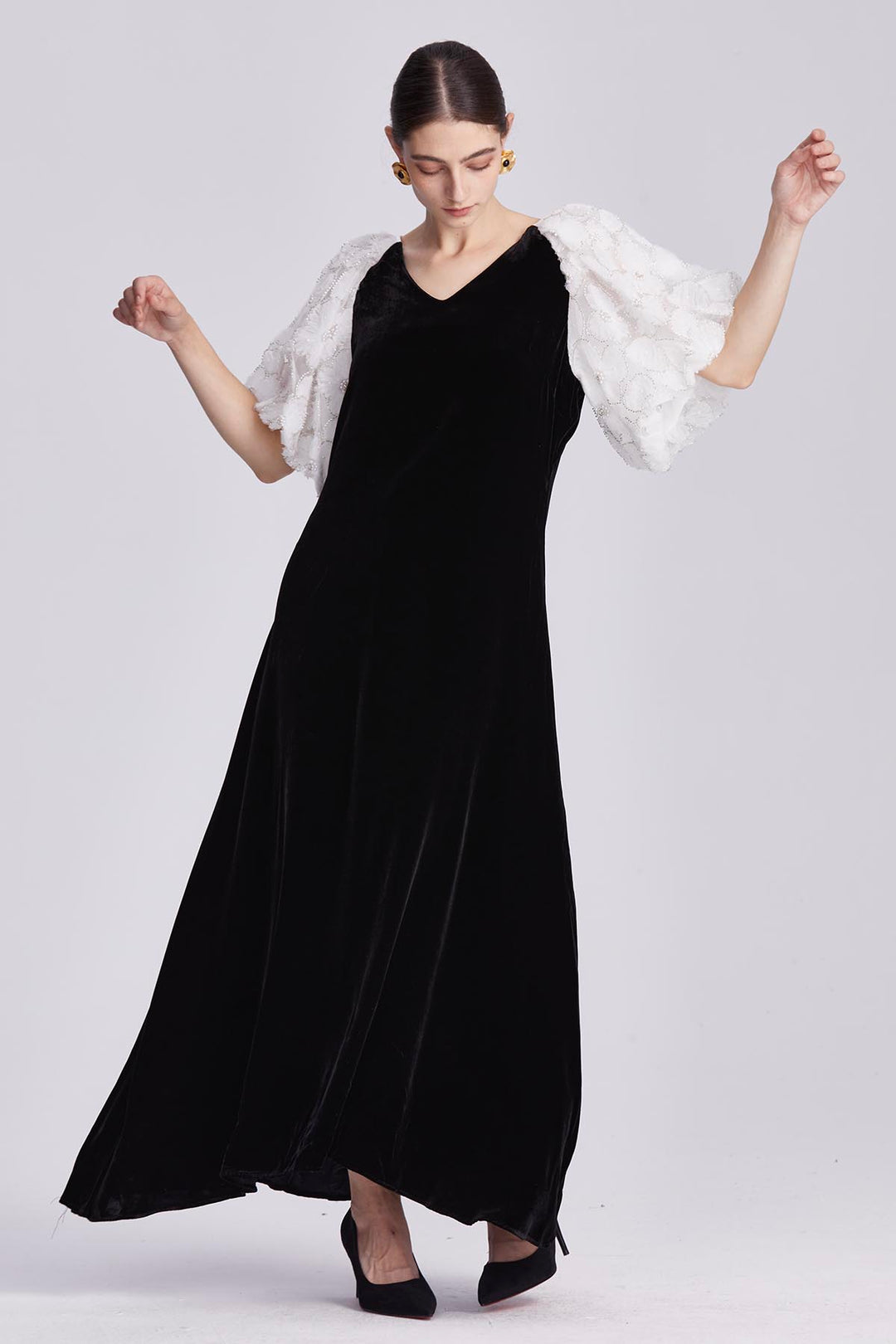 Odette Black Silk Velvet Dress with Embellished Sleeves
