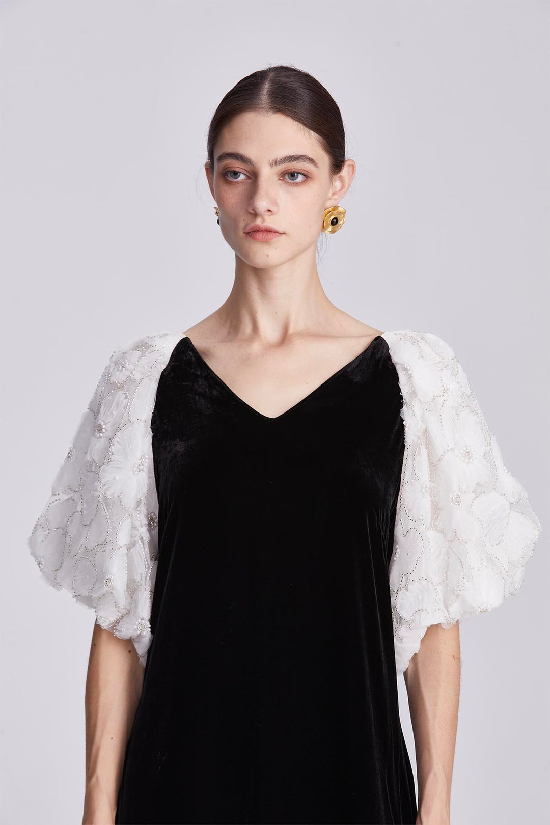 Odette Black Silk Velvet Dress with Embellished Sleeves