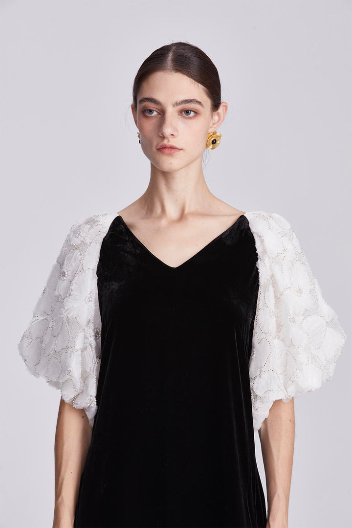 Odette Black Silk Velvet Dress with Embellished Sleeves