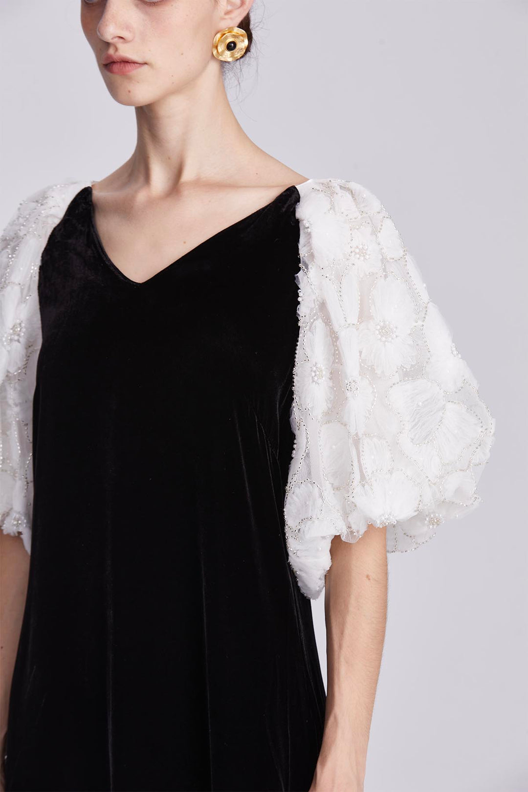 Odette Black Silk Velvet Dress with Embellished Sleeves