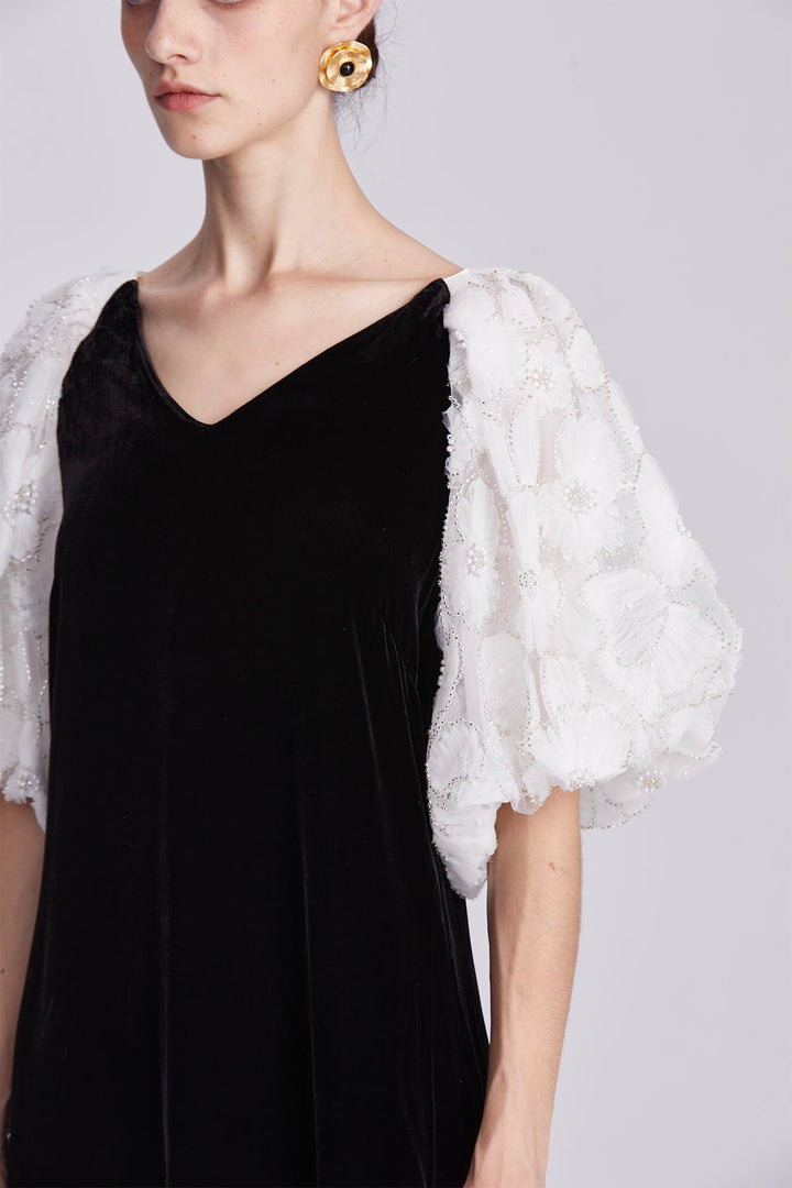 Odette Black Silk Velvet Dress with Embellished Sleeves