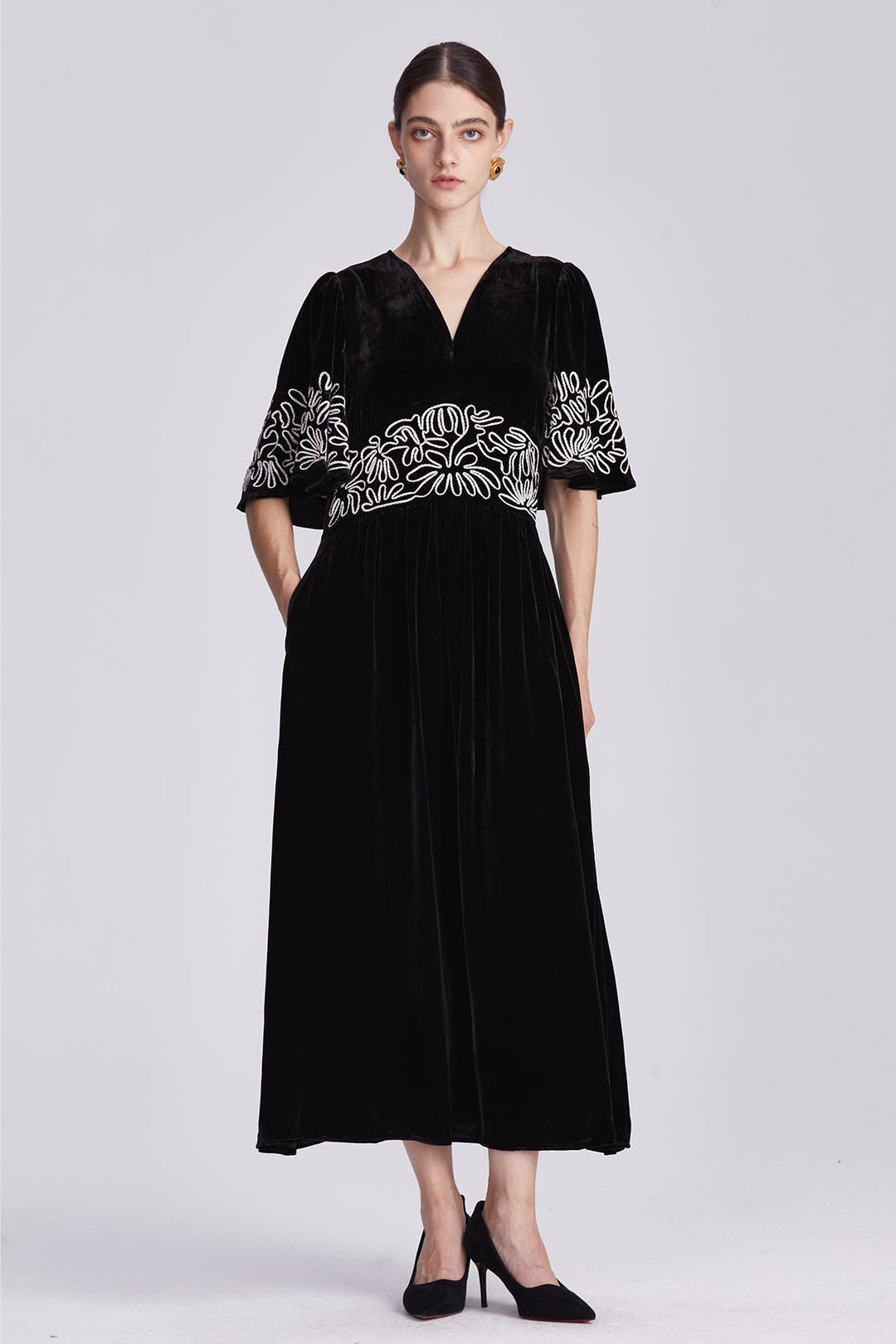Amara Embroidered Velvet Dress