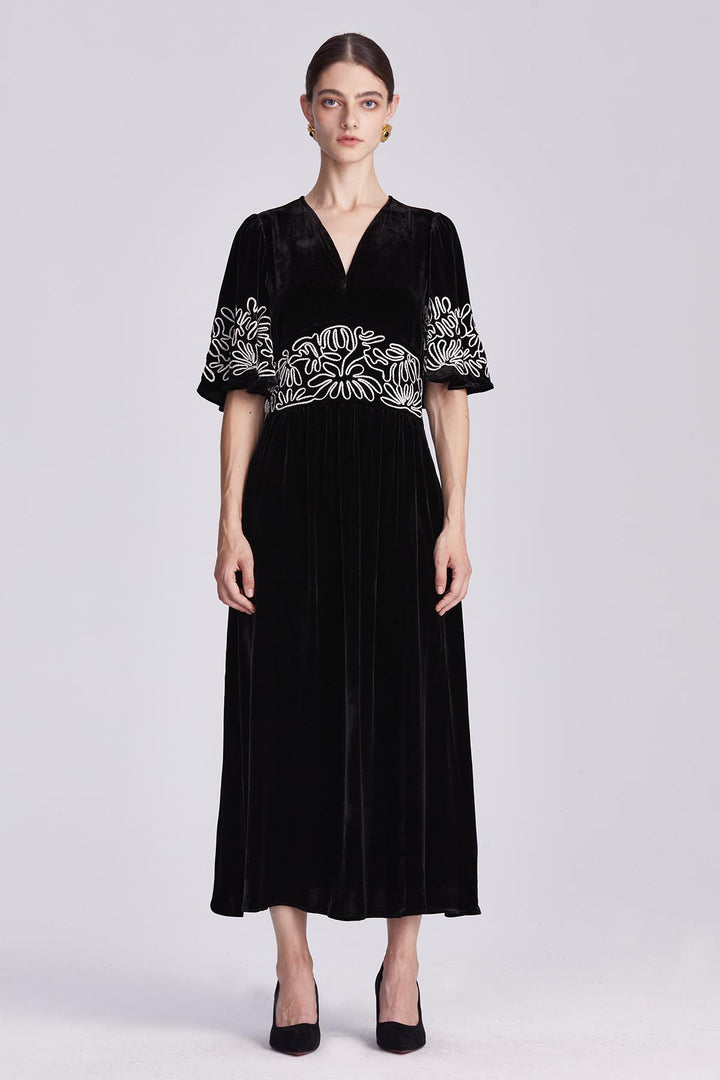 Amara Embroidered Velvet Dress