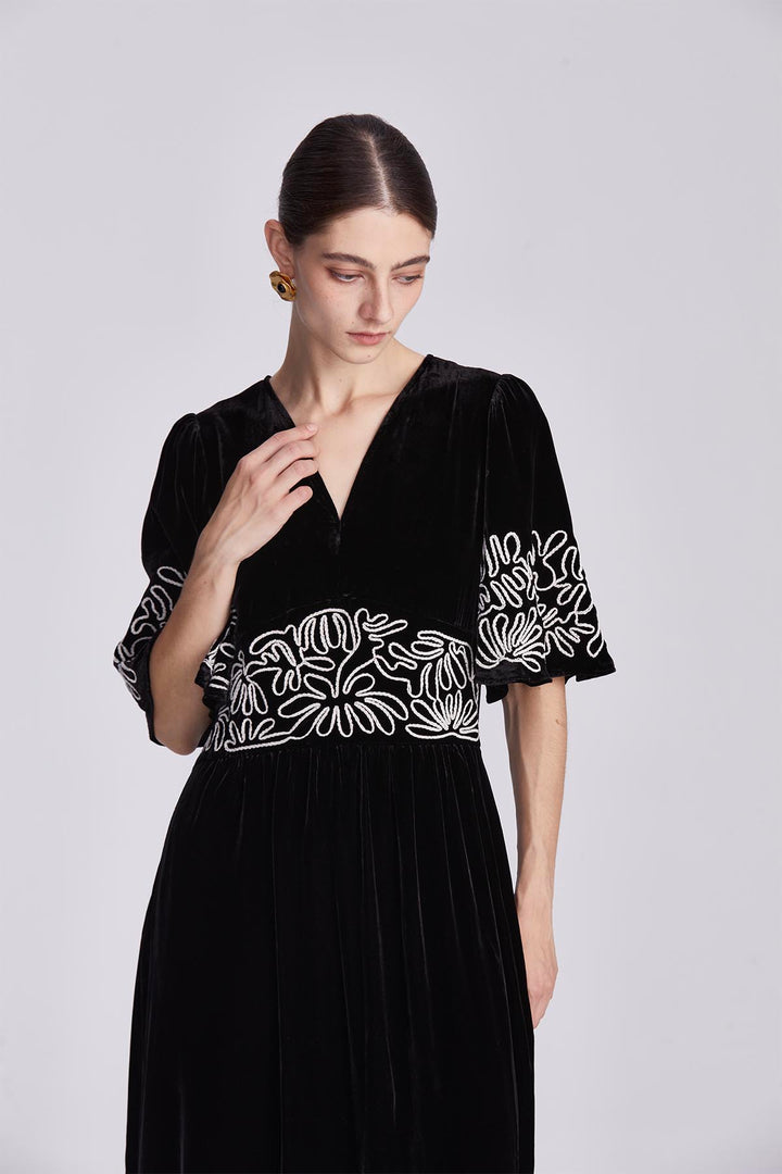 Amara Embroidered Velvet Dress