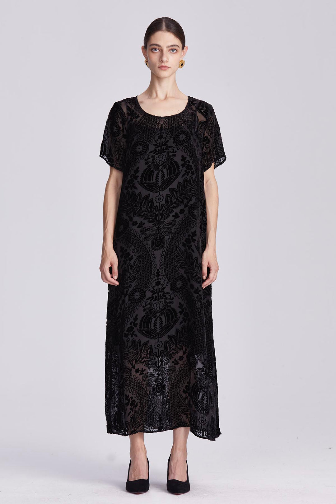 Leocadia Velvet Dress with Floral Motifs