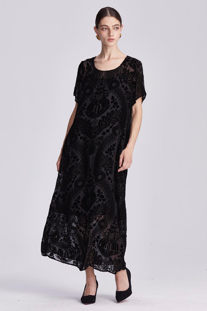 Leocadia Velvet Dress with Floral Motifs