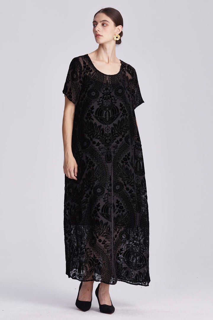 Leocadia Velvet Dress with Floral Motifs