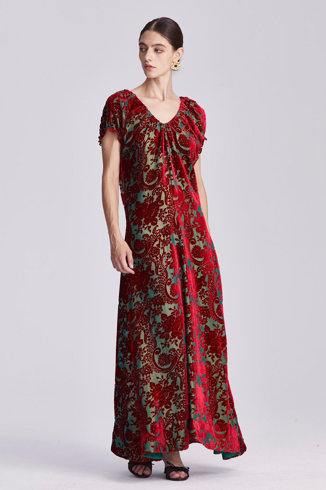 Nefeli Ruched Neckline Velvet Maxi Dress