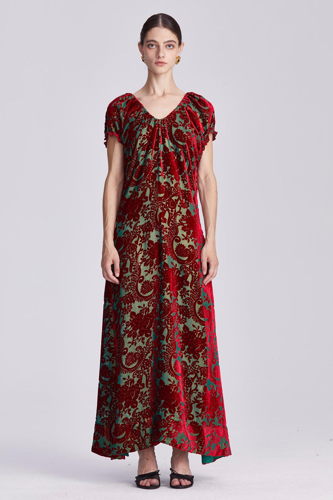 Nefeli Ruched Neckline Velvet Maxi Dress