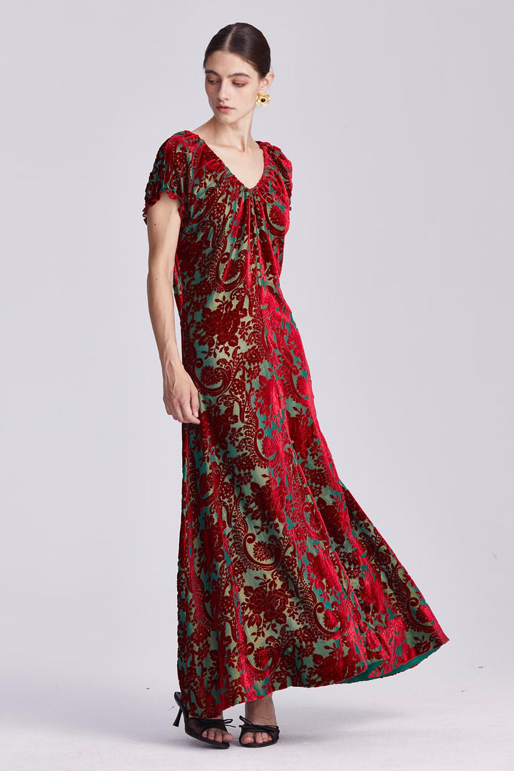 Nefeli Ruched Neckline Velvet Maxi Dress