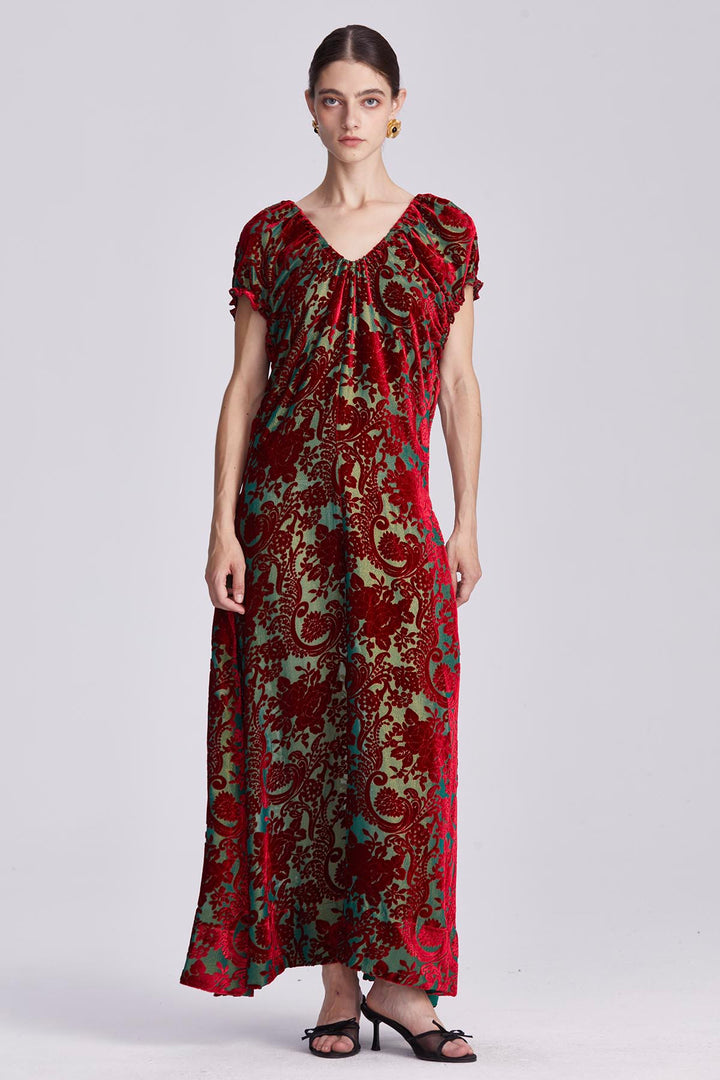 Nefeli Ruched Neckline Velvet Maxi Dress