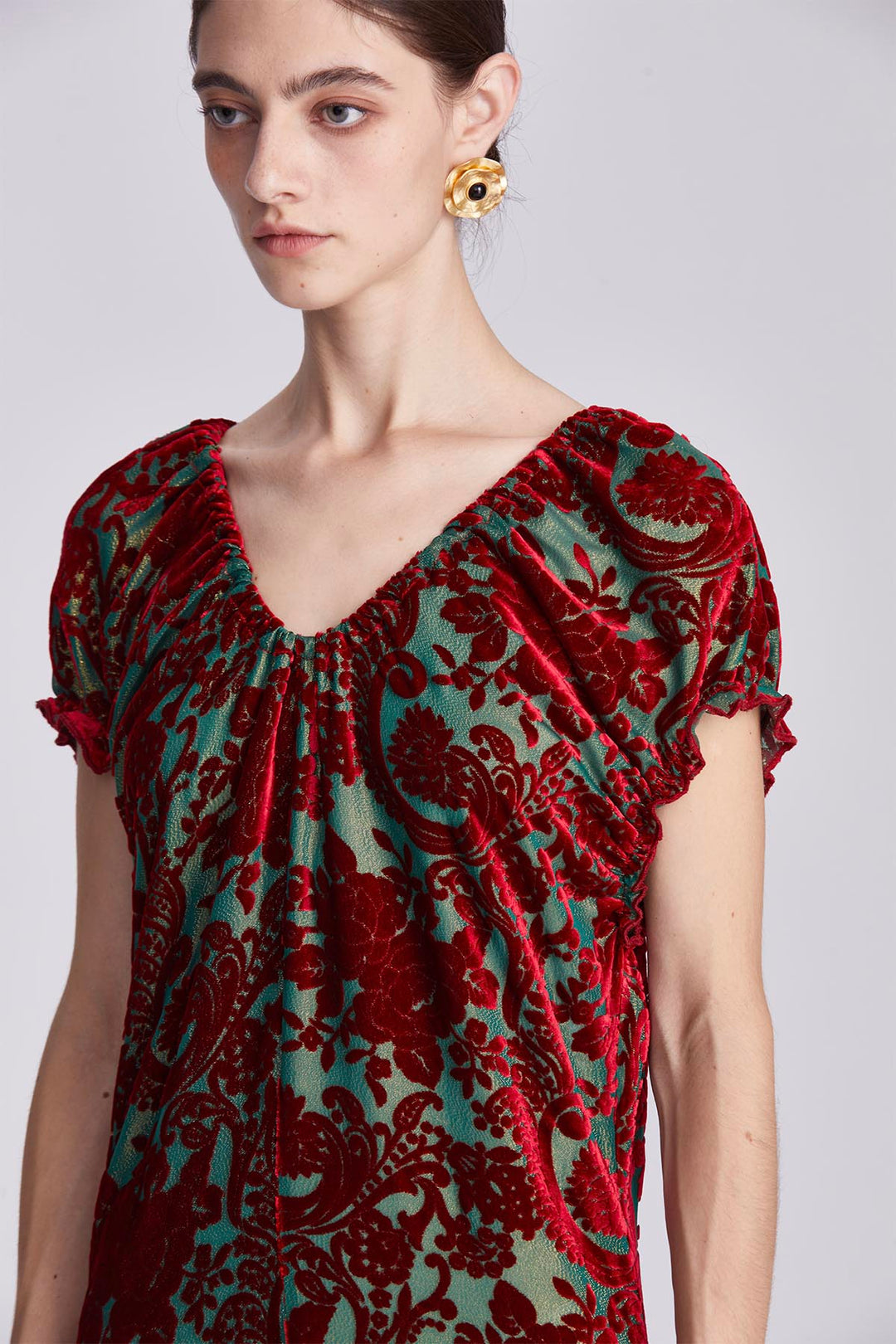 Nefeli Ruched Neckline Velvet Maxi Dress