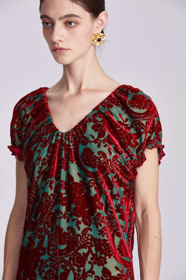 Nefeli Ruched Neckline Velvet Maxi Dress