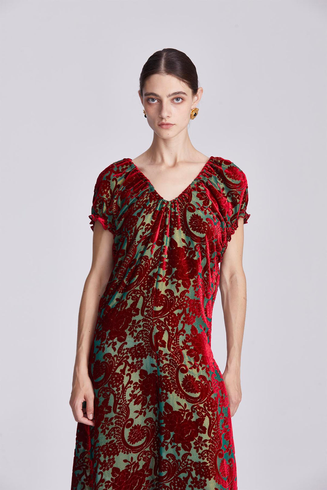 Nefeli Ruched Neckline Velvet Maxi Dress