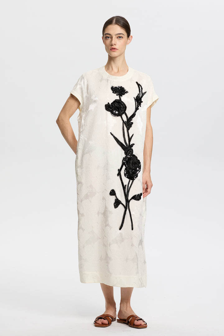 Elara Artisanal Ivory Dress with Black Beaded Flowers