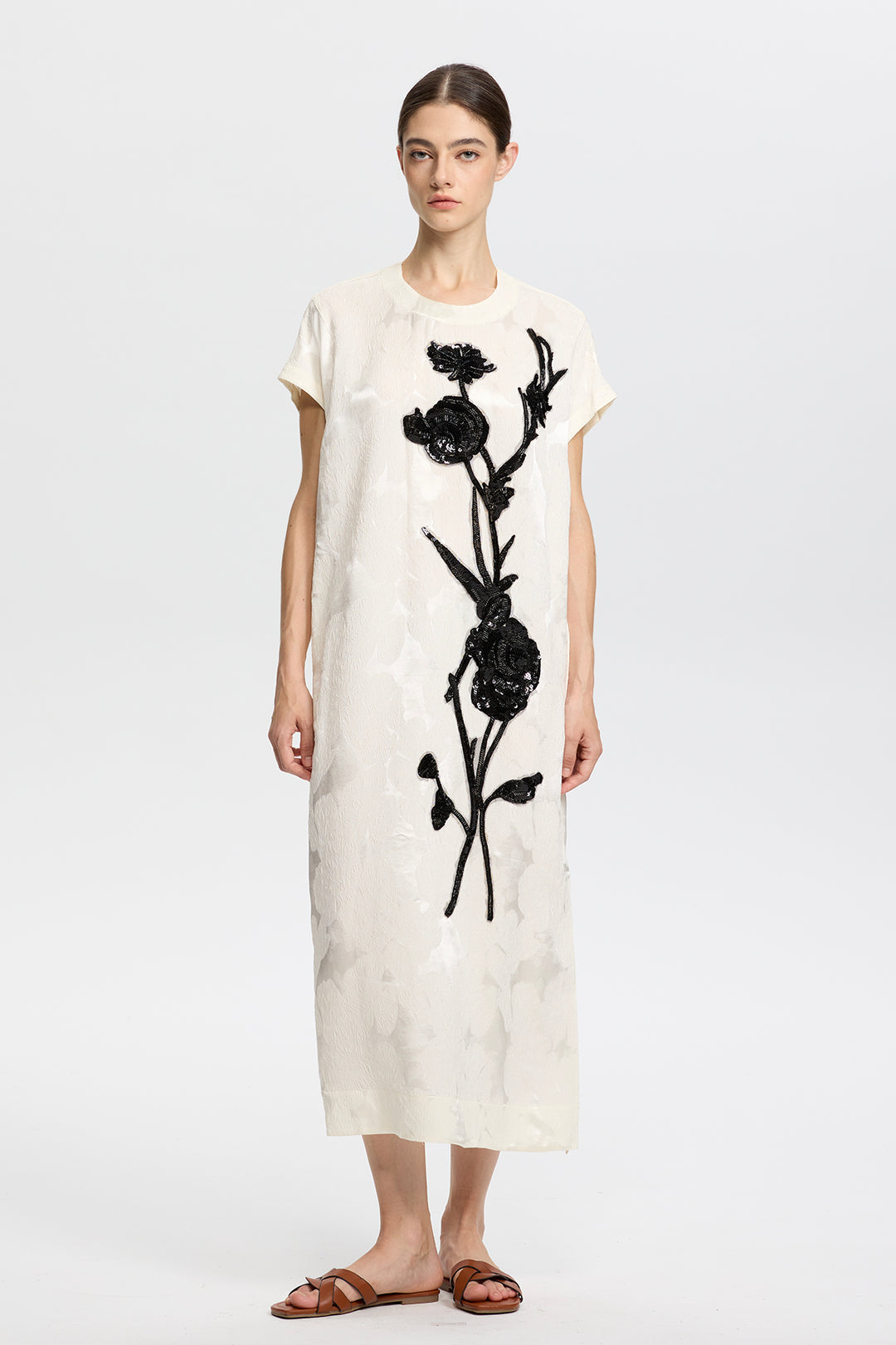 Elara Artisanal Ivory Dress with Black Beaded Flowers