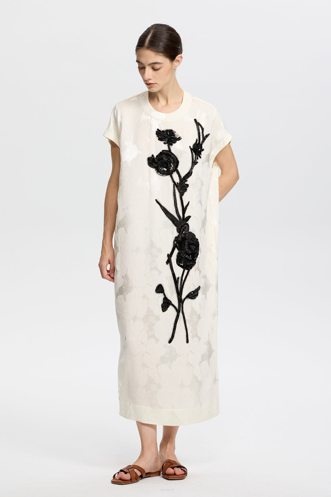Elara Artisanal Ivory Dress with Black Beaded Flowers