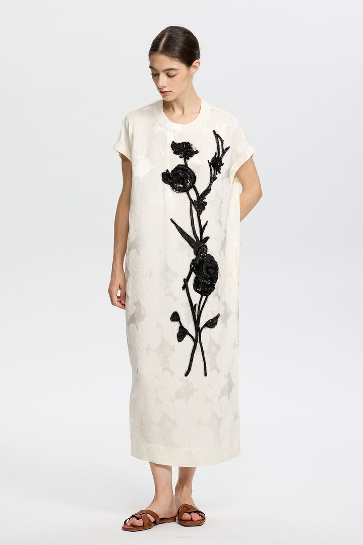 Elara Artisanal Ivory Dress with Black Beaded Flowers